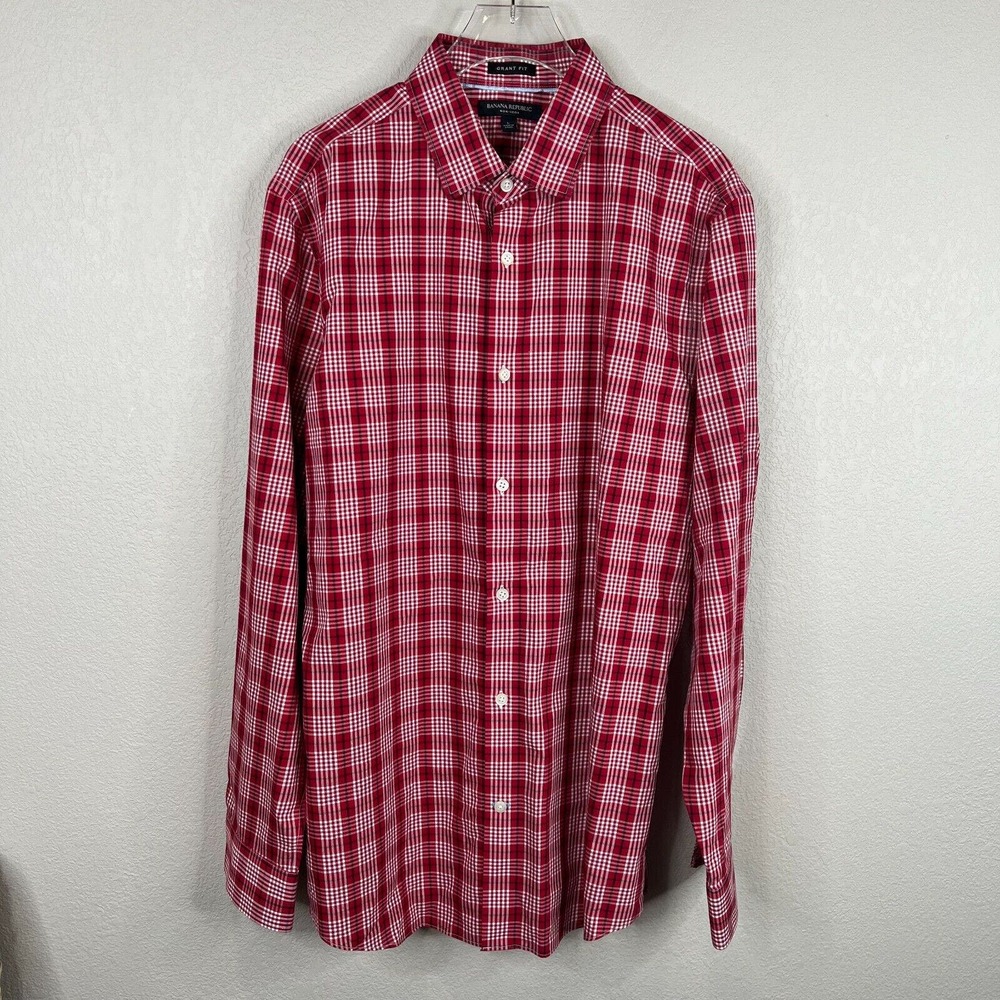 Banana Republic Men's Red‎ White Plaid Grant Fit Button Down Shirts Size L
